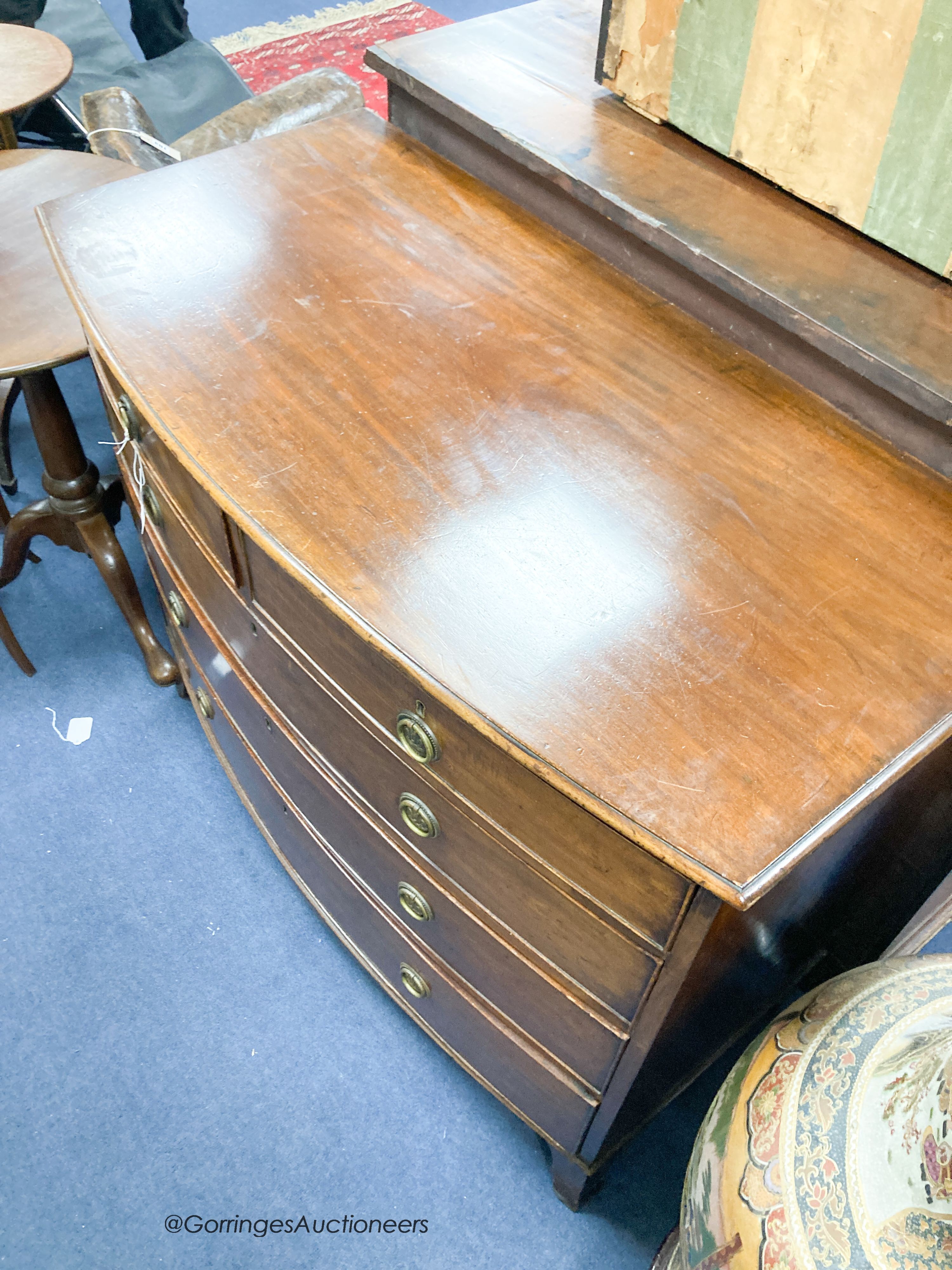 A Regency mahogany bowfront chest, width 108cm, depth 52cm, height 91cm